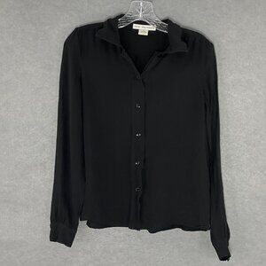 Jack MulQueen Top Womens 8‎ Black 100% Silk Button Up Vintage Office Sustainable